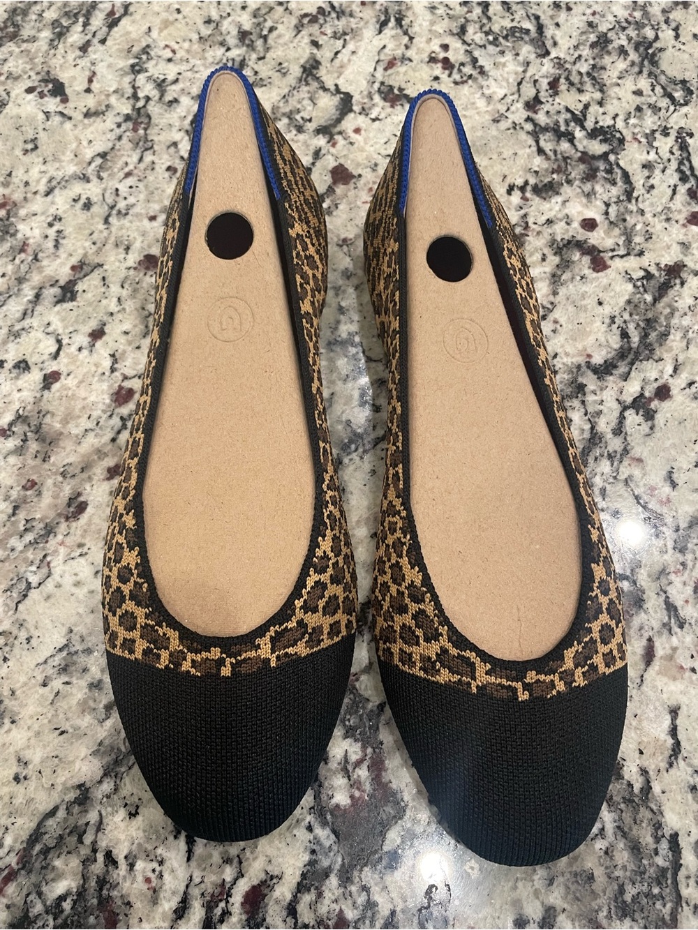 Rothy's Black and Brown Leopard Knit Ballet Flats with Blue Trim